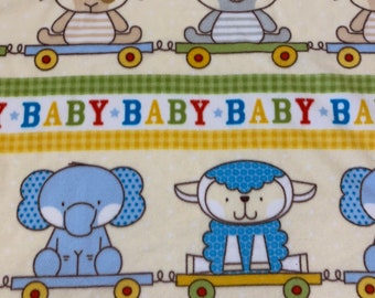 Soft Fleece Baby Blanket - Animals on Train Print, Minky Dot Back