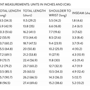 K&ouml;nnte beinhalten: Eine schwarz-wei&szlig;e Gr&ouml;&szlig;entabelle mit dem Titel FINISHED GARMENT MEASUREMENTS: UNITS IN INCHES AND (CM):. Die Tabelle f&uuml;hrt Gr&ouml;&szlig;en von Preemie bis 5-6 auf und enth&auml;lt Ma&szlig;e f&uuml;r Gesamtl&auml;nge, Schulter bis Handgelenk und Innenbeinl&auml;nge in Zoll und cm.