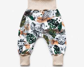 Baby harem pants, safari baby gift, baby boy clothes, baby shower gift, animal print trousers, kids joggers, elephant baby gift