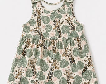 Girl pinafore dress, giraffe baby clothes, safari toddler dress, baby shower gift, easter girl outfit, baby girl gift, girl summer dress