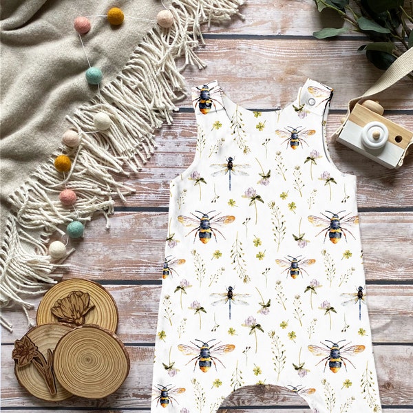 Bee baby romper, baby girl clothes, boy spring outfit, white kids dungarees,  baby girl gift, unisex baby clothes