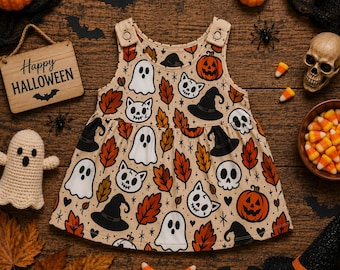 Pumpkin Ghost Toddler Dress | Organic Cotton Girls Dress | Handmade Halloween Dress | Halloween Outfit | Birthday Gift | 0-4 Years