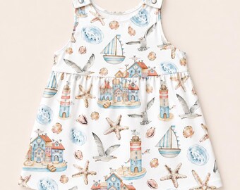 Baby Girl Beach Pinafore Dress, Organic Cotton Toddler Summer Outfit