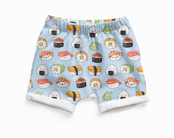 Blue summer shorts, organic baby clothes, baby boy shorts, baby girl clothes, girl shorts, toddler shorts, sushi baby gift