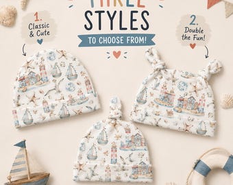 Organic Cotton Knotted Baby Hat, Nautical Boat Pattern, Gender Neutral Gift