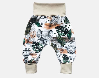Baby harem pants, safari baby gift, baby boy clothes, baby shower gift, animal print trousers, kids joggers, elephant baby gift