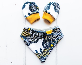 New baby gift set, scratch mittens, baby bib, baby mittens, dribble bib, baby shower gift, baby boy clothes, newborn baby gift,