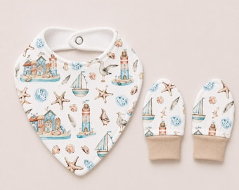 Seaside New baby gift set, scratch mittens, baby bib, baby mittens, dribble bib, baby shower gift, baby boy clothes, newborn baby gift,