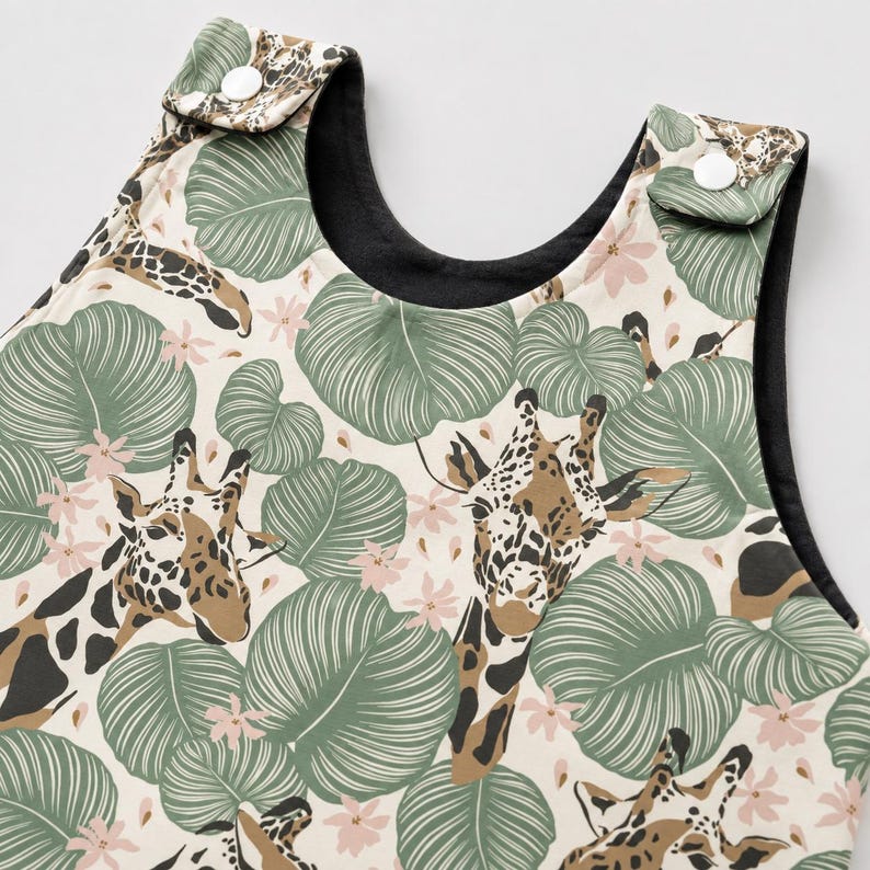 May include: A sleeveless wearable blanket featuring a cream background with a repeating pattern of brown and tan giraffes, large sage green tropical leaves, and small light pink flowers. The garment has white snap closures at the shoulders.