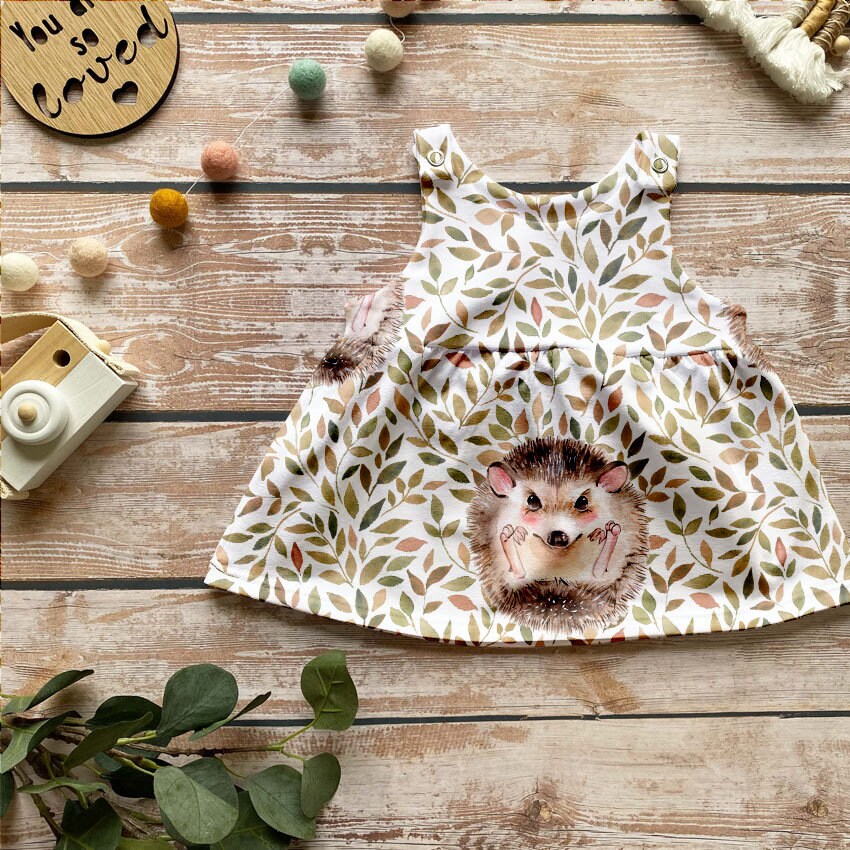 Girl pinafore dress, baby girl clothes, hedgehog toddler dress, baby shower gift, organic baby clothes, baby girl gift, girl summer dress