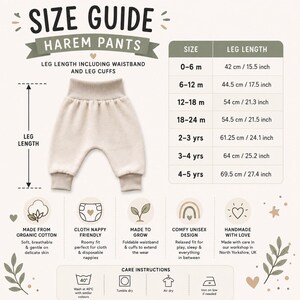 May include: A size guide for beige harem pants featuring a table with age ranges from 0-6 months to 4-5 years and corresponding leg lengths in cm and inches. The graphic includes icons for organic cotton, cloth nappy fit, and care instructions.