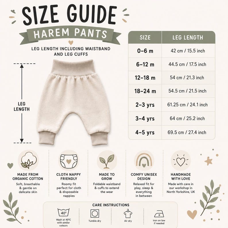 May include: A size guide for beige harem pants featuring a table with age ranges from 0-6 months to 4-5 years and corresponding leg lengths in cm and inches. The graphic includes icons for organic cotton, cloth nappy fit, and care instructions.