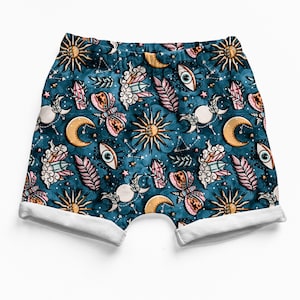 Celestial summer shorts, kids summer outfit, rolled shorts, baby boy clothes, girl shorts, toddler shorts, baby gift, gender neutral baby