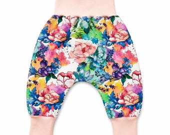 Baby harem pants, floral leggings, baby shower, baby girl clothes, baby girl gift, floral trousers, pink kids joggers, new baby gift
