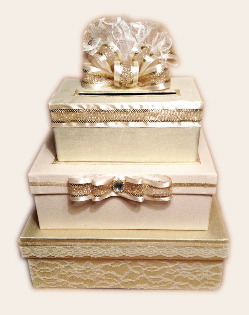 Handmade Gold Wedding Card Box With Ivory Lace,wedding Invitation ...