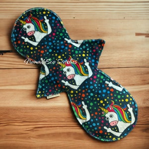 Reusable Cloth Pad- Regular/Moderate  12 inch-stain resistant feisty unicorn