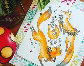 Fox Family in the Flowers - Original Framed Animal Illustration Wall Decor Gift