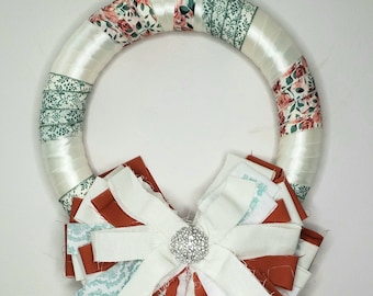 Fabric Wreath with Rag Bow, Shabby Chic Victorian Decor