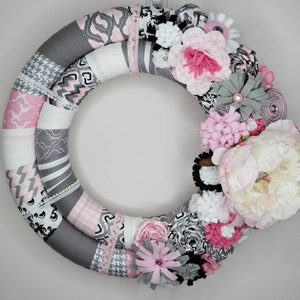 Shabby Chic Wreath,Wrapped Wreath,Peony Wreath,Double Ring Wreath,Double Wreath,Fabric Wreath,Nursery Decor,Girls Room Decor,Baby Room Decor