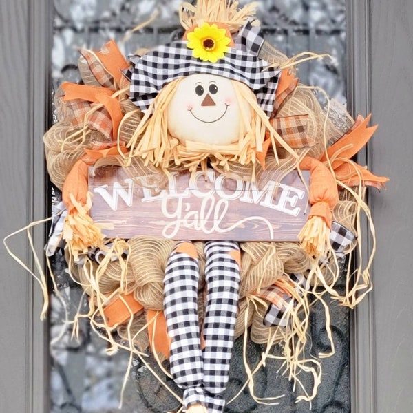 Fall Wreath, Scarecrow Wreath,Scarecrow Decor, Fall Decor, Welcome Y'all Wreath,  Fall Welcome Wreath, Fall Welcome Decor