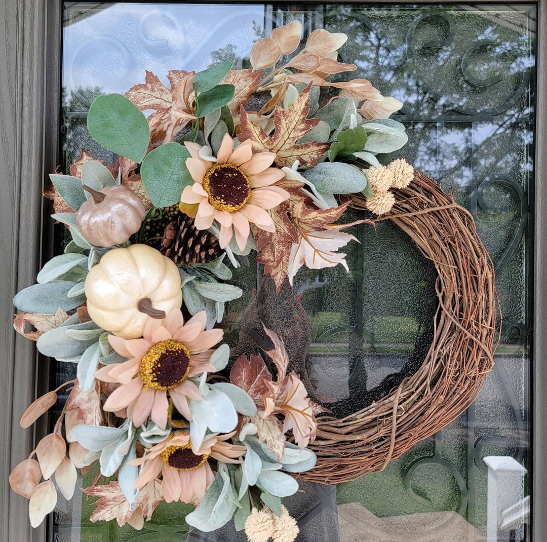 Fall Wreath Front Door, Neutral Autumn Wreath With Pumpkin & Sunflowers ...