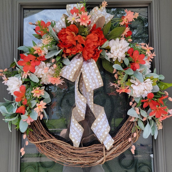 Spring Wreath, Summer Wreath, Summer thru Fall  Wreath, Floral Wreath, Summer Floral Wreath, Farmhouse Fall Wreath, Farmhouse Floral Wreath