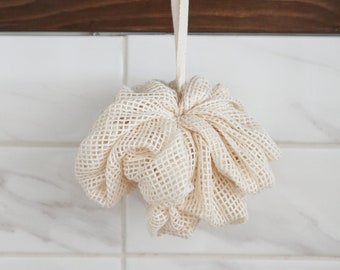 Organic Cotton Shower Pouf, low waste, loofah, bath sponge, sustainable bath routine, exfoliating cloth