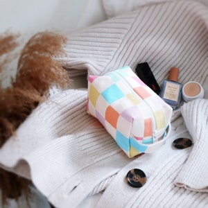 Mini Makeup Bag Pastel Grid, cosmetic bag, toiletry bag, travel bag, canvas makeup bag image 1