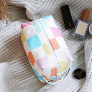 Mini Makeup Bag Pastel Grid, cosmetic bag, toiletry bag, travel bag, canvas makeup bag image 2