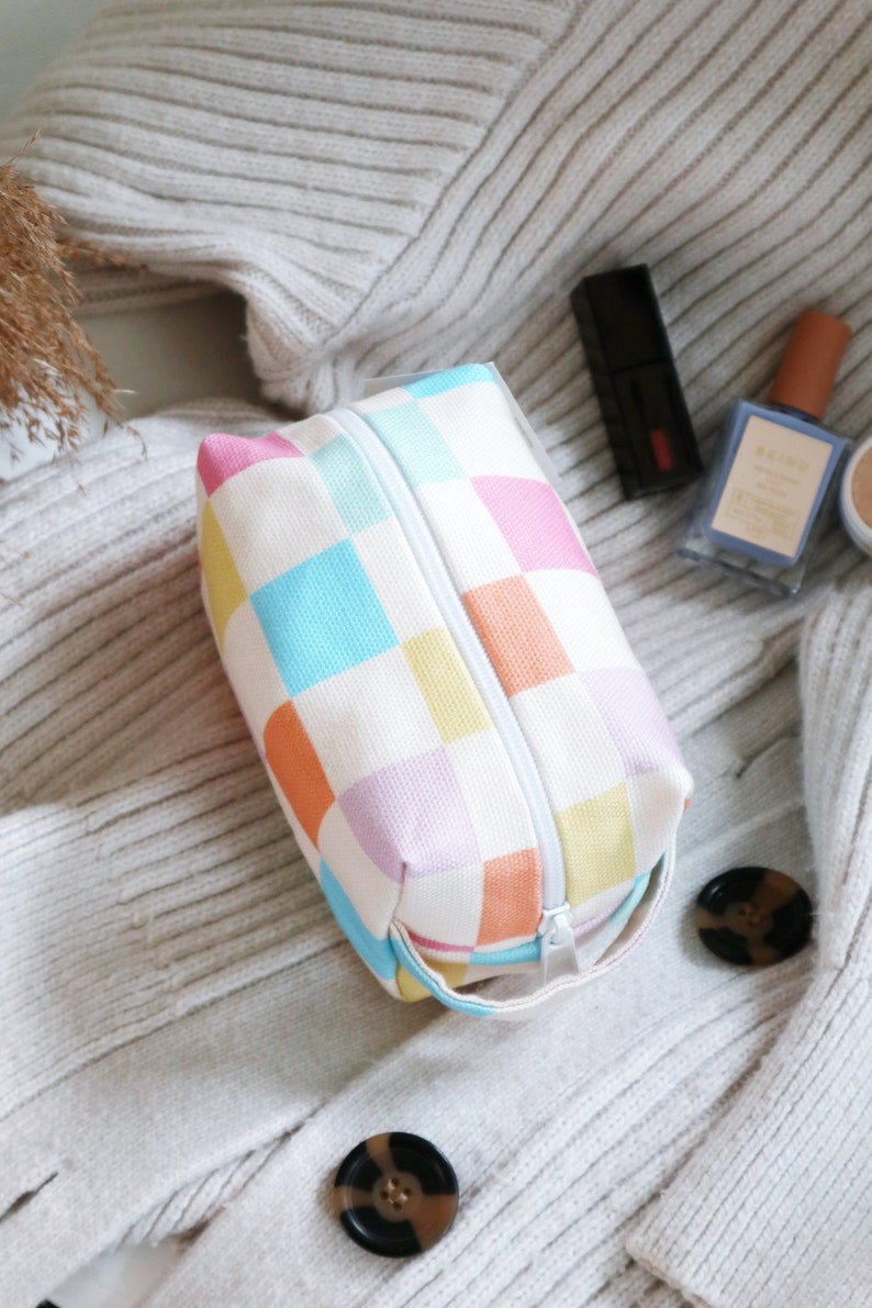 Mini Makeup Bag Pastel Grid, cosmetic bag, toiletry bag, travel bag, canvas makeup bag image 2