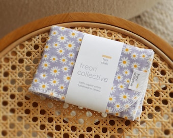 Paño facial de algodón orgánico - Margaritas lilas, 11" x 11", paño facial, paño de lavado, exfoliante, regalo de dama de honor, regalo sustentable