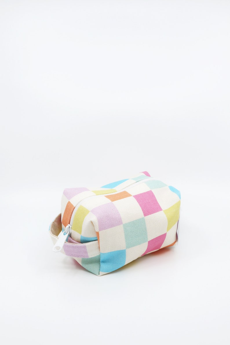 Mini Makeup Bag Pastel Grid, cosmetic bag, toiletry bag, travel bag, canvas makeup bag image 4