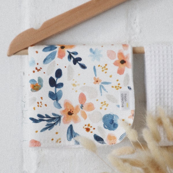 Organic Cotton Face Cloth - Fawn Florals, 11" x11" face cloth, wash cloth, exfoliating, bridesmaid gift, sustainable gift