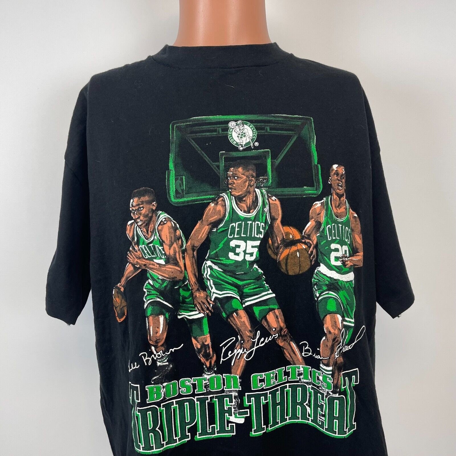 Nutmeg Boston Celtics Triple Threat T Shirt Vtg 90s Reggie Lewis Dee Brown XL
