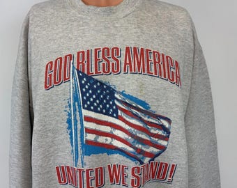 Vintage Y2K United We Stand Crewneck Sweatshirt Herr Storlek XL Grå USA Flagga