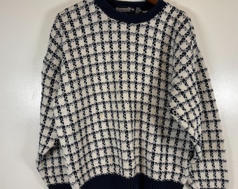 Klasyczny sweter z okrągłym dekoltem Bernette marki Scottish Isle, rozmiar XL, biały, w kratę, USA