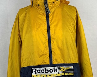 Reebok Athletic Dept Roll Up Hood Windbreaker Jacket Vtg 90s Kangaroo Pouch L
