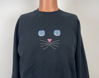 Cat Face Cross Stitch Crewneck Sweatshirt Vintage 90s Made In USA Size L