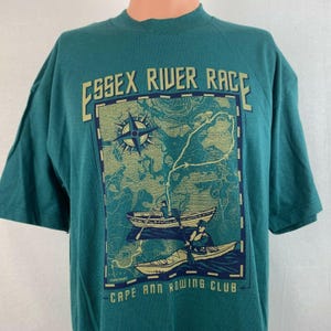 Essex River Race Cape Ann Rowing Club kaart T-shirt Vtg jaren 90 groen gemaakt VS maat L