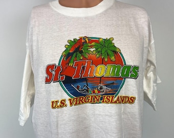 Vintage 90s St Thomas Virgin Islands T Shirt Mens Size XL White Parrot Palm Tree