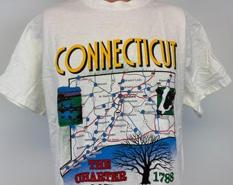 Vintage 90s Connecticut T Shirt Mens Size L White The Charter Oak Tree