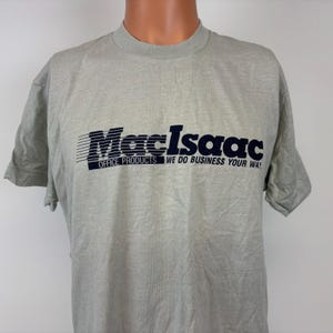 Maglietta vintage anni &#39;80 MacIsaac da uomo, taglia XL, grigia, prodotti per ufficio, realizzata negli USA