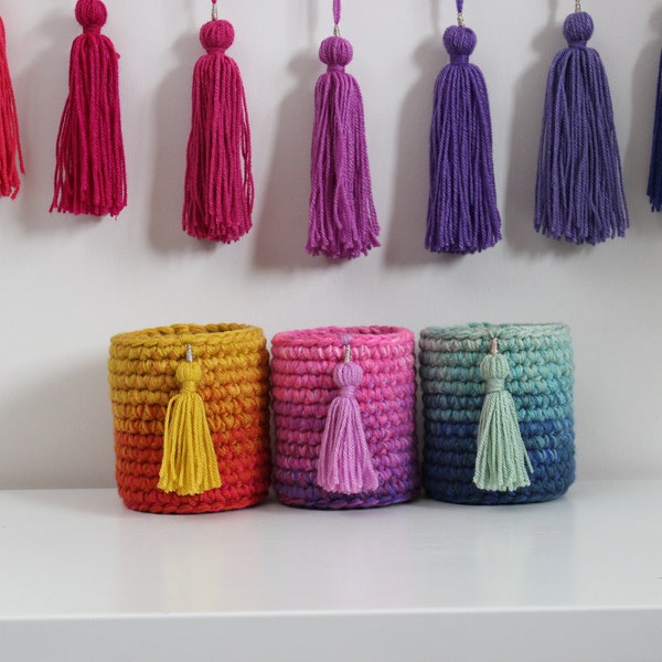 Subtle Rainbow Ombre Effect Small Crochet Baskets, small rainbow basket storage with tassel and gold trim, quirky handmade home accessories