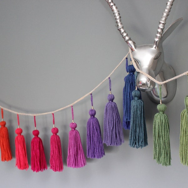 Handmade Subtle Rainbow Tassel Bunting - quirky colourful garland décor - handmade rainbow wall art - colourful yarn art