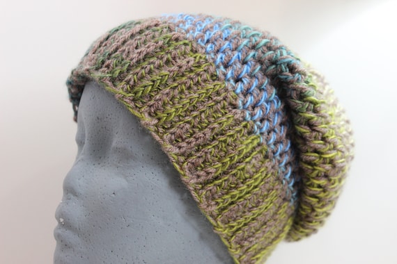 Handmade Crochet Slouch Beanie: Green-blue Bohemian Headwear  display picture 3