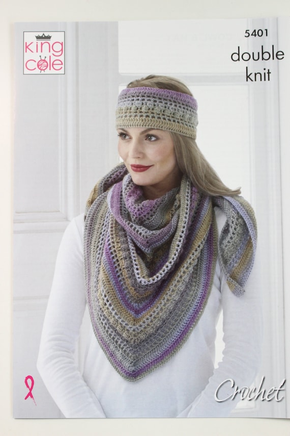 King Cole Shawl, Hat Cowl & Headband Crochet Pattern 5401 - Double Knit King Cole Shawl, Hat Cowl & Headband Crochet Pattern 5401 - Double Knit
