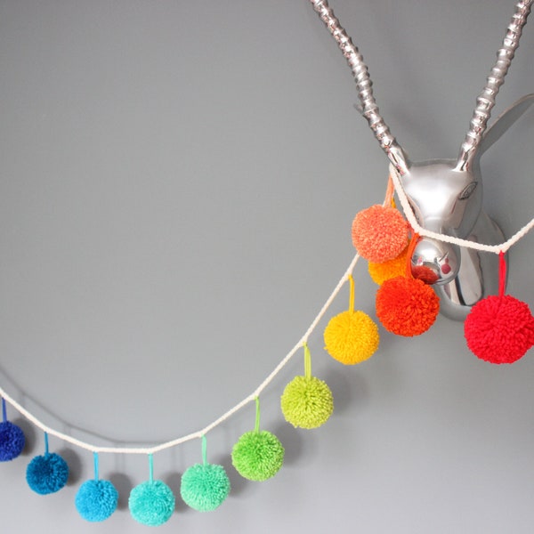 Bright Rainbow Pompom Bunting - handmade multi-coloured pompom garland - add a splash of colour into your home - quirky home décor