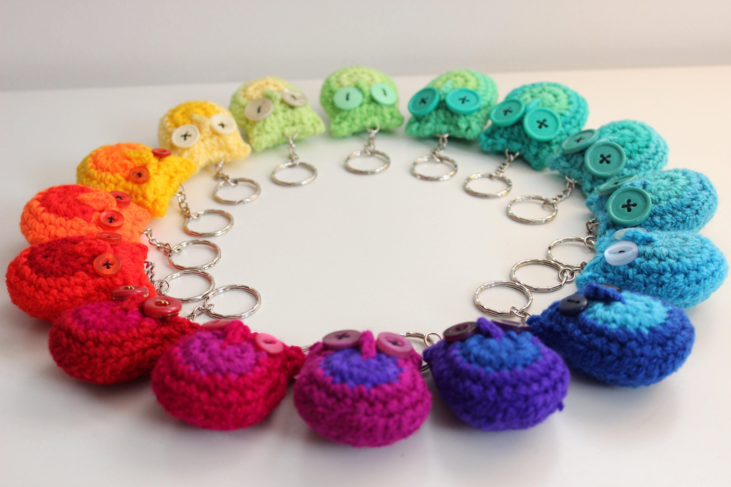 Handmade Crochet Rainbow Owl Keychain: Unique Button Eye Charm