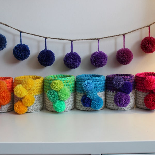 Bright Rainbow Small Crochet Baskets - dipped design with cascade of pompoms - small basket storage - quirky handmade home accessories