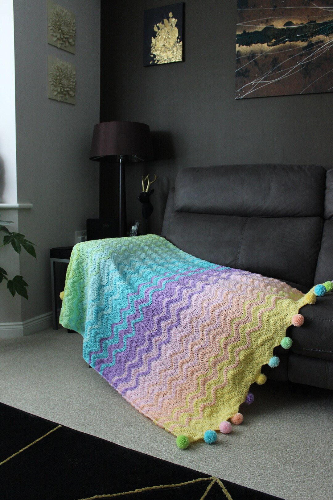 Crochet Chevron Throw With Pompoms Handmade Pastel Zigzag Etsy